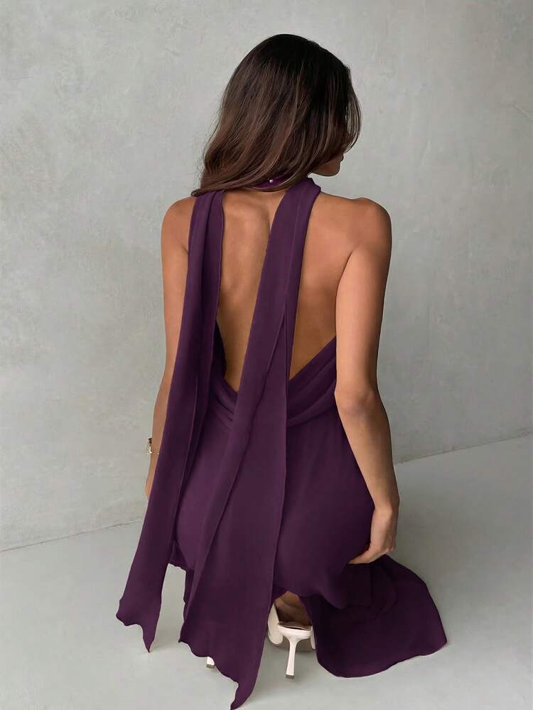 Plunging neck a-line flowy tie back dress in purple