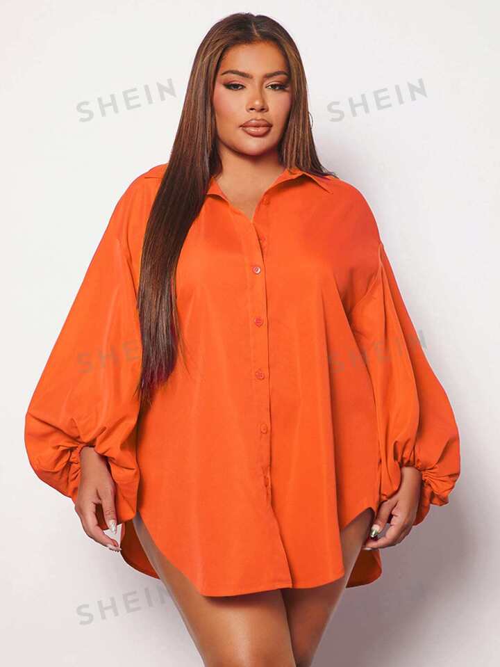 Plus lantern sleeve curved hem shirt in orange