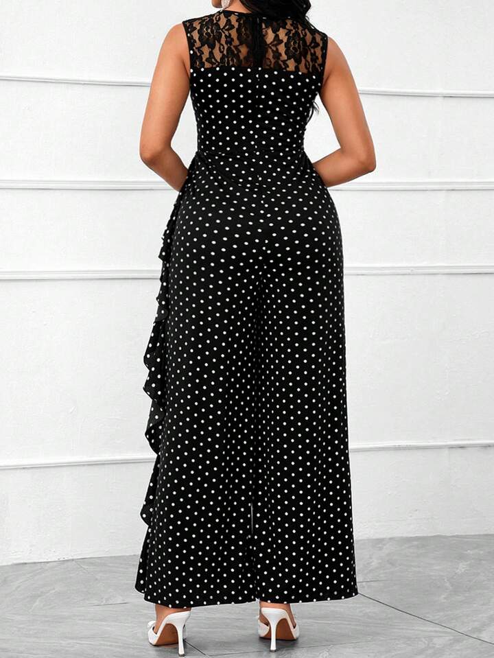 Polka dot lace ruffle trim wide leg jumpsuit in black