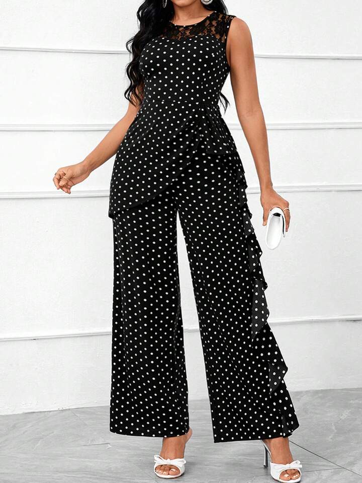 Polka dot lace ruffle trim wide leg jumpsuit in black
