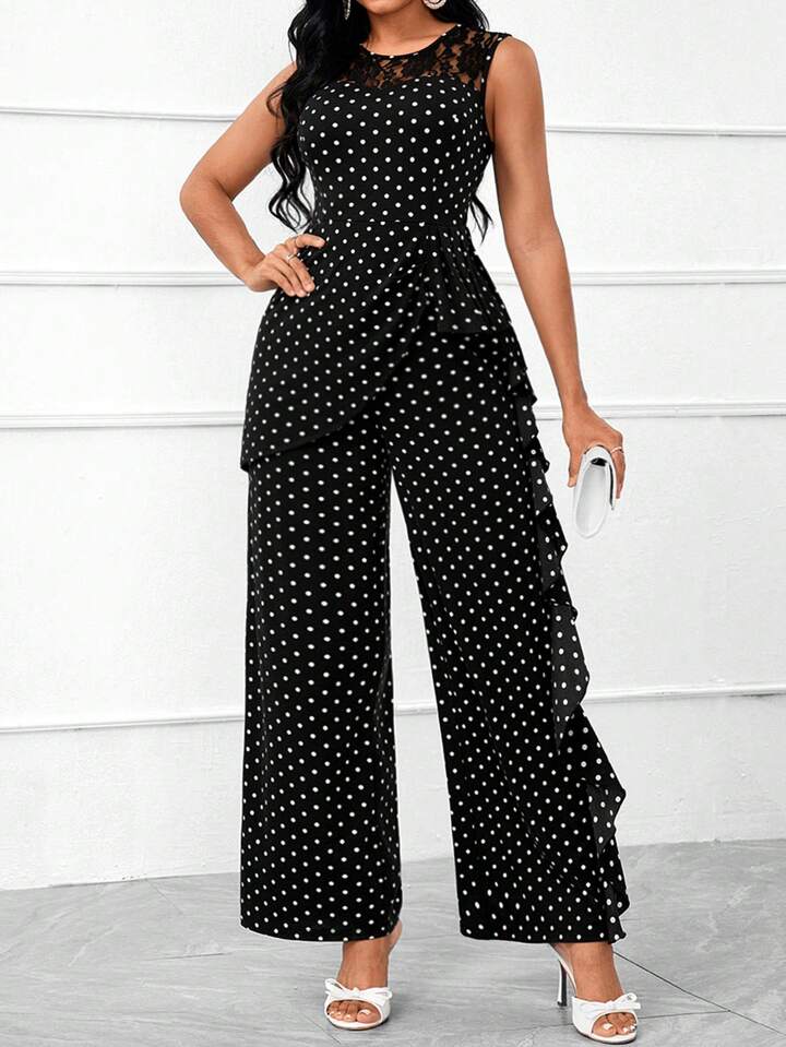 Polka dot lace ruffle trim wide leg jumpsuit in black