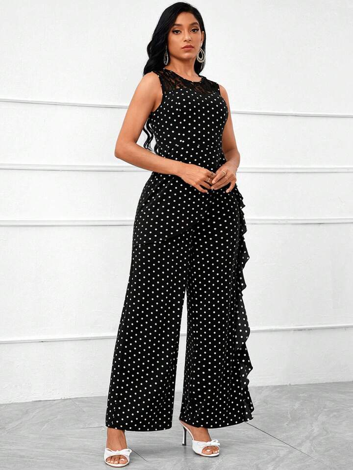 Polka dot lace ruffle trim wide leg jumpsuit in black