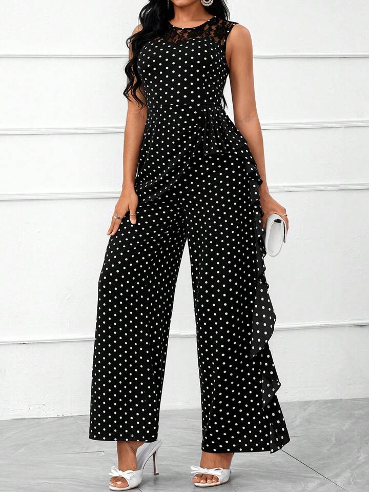 Polka dot lace ruffle trim wide leg jumpsuit in black