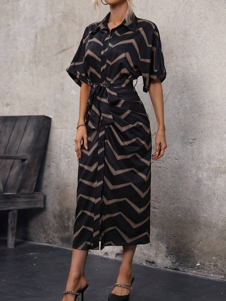 Printed belted shirt dress in black