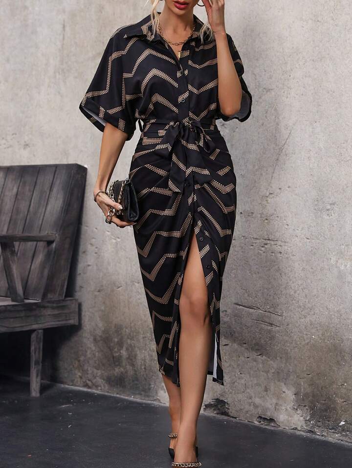 Printed belted shirt dress in black