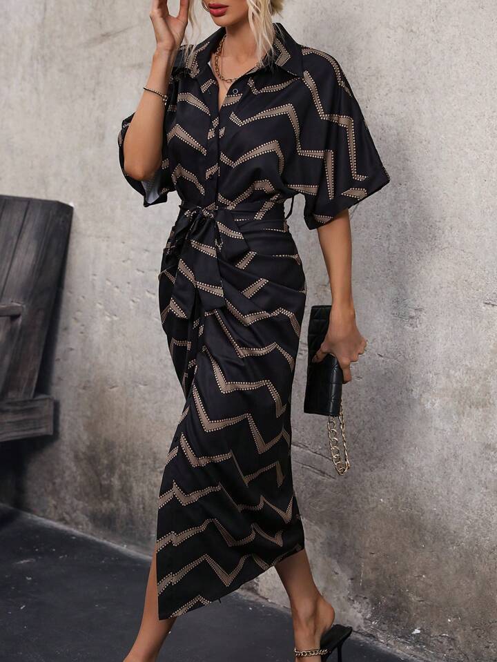 Printed belted shirt dress in black
