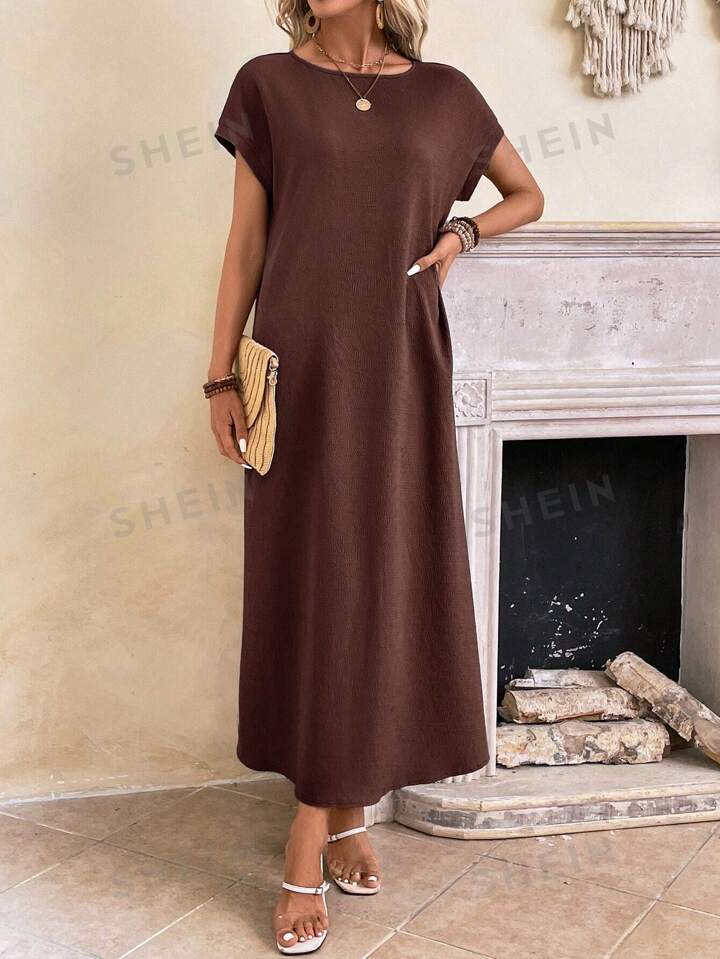 Round neck solid color short sleeve maxi dress in brown