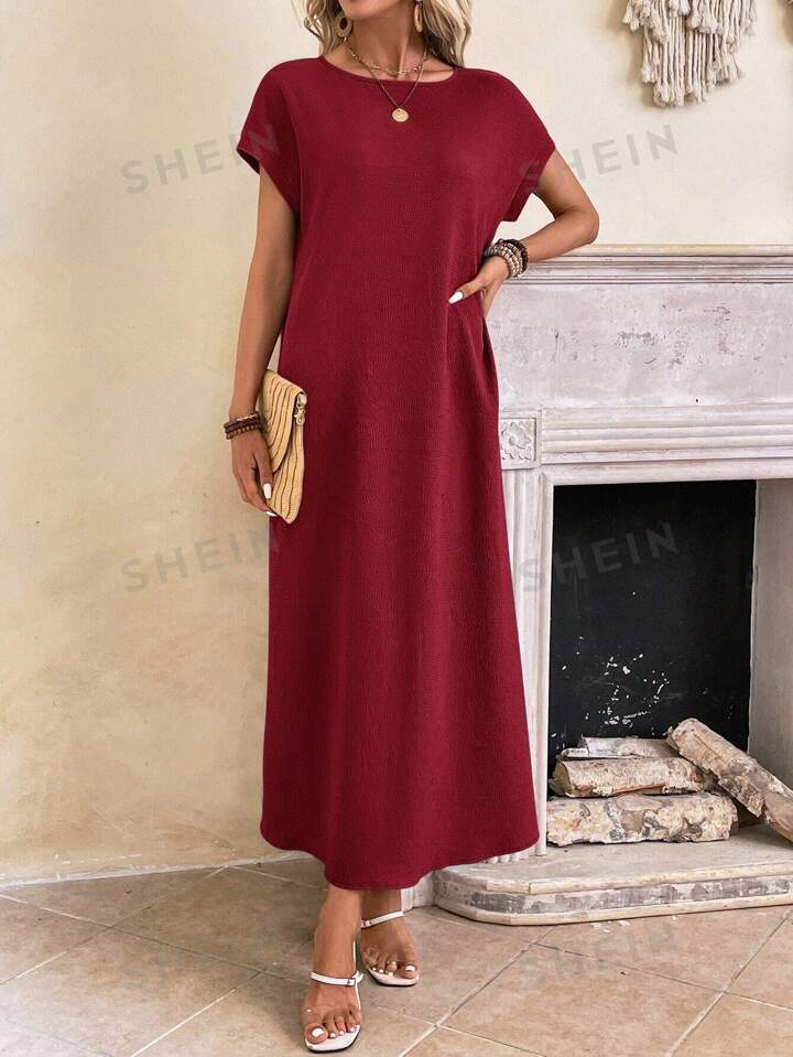Round neck solid color short sleeve maxi dress in burgundy