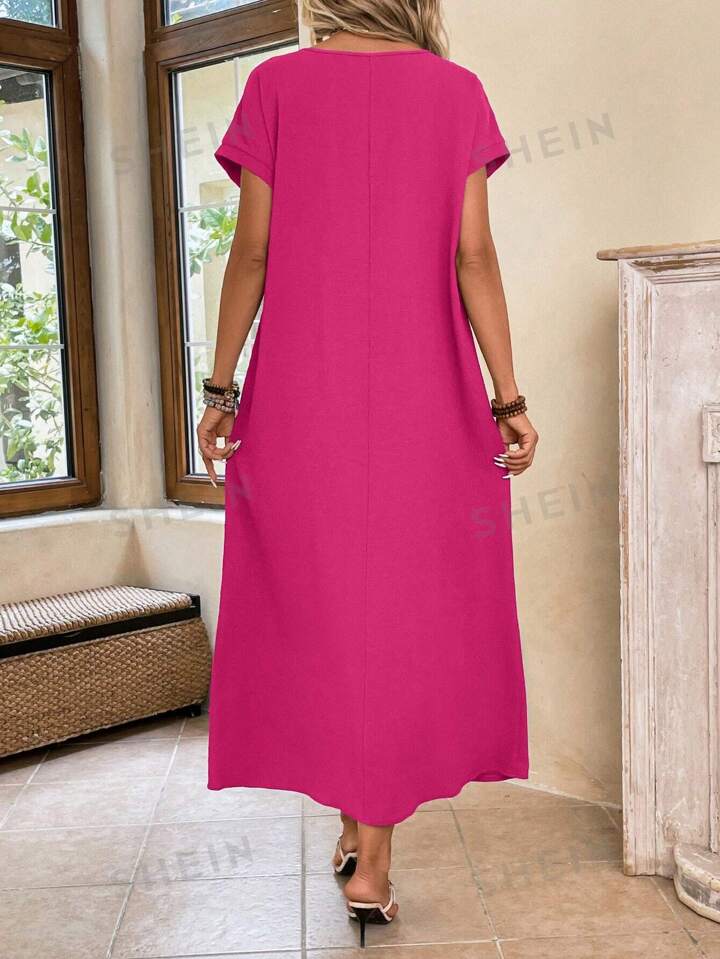 Round neck solid color short sleeve maxi dress in pink