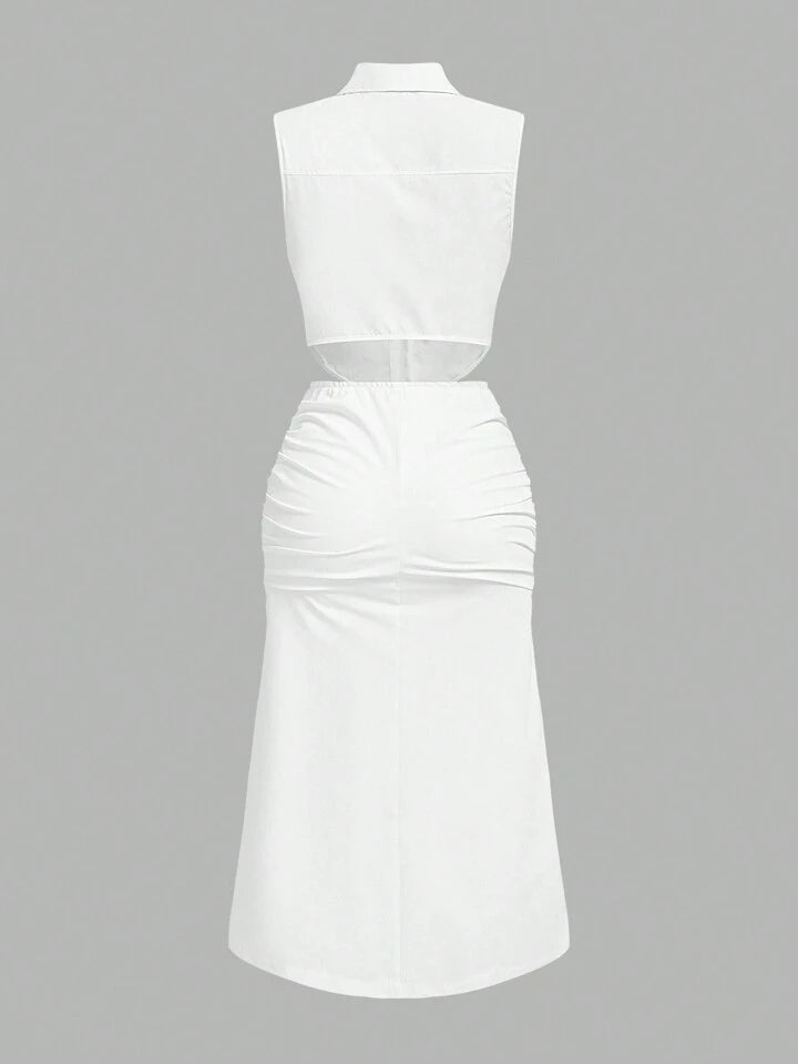 Ruched button front hollow cut out sleeveless shirt dress in white