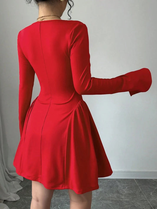 Ruched front long sleeve mini in red