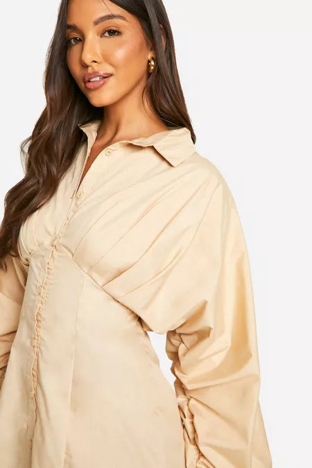 Ruched wide sleeve shirt dress in nude