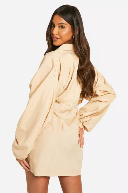 Ruched wide sleeve shirt dress in nude