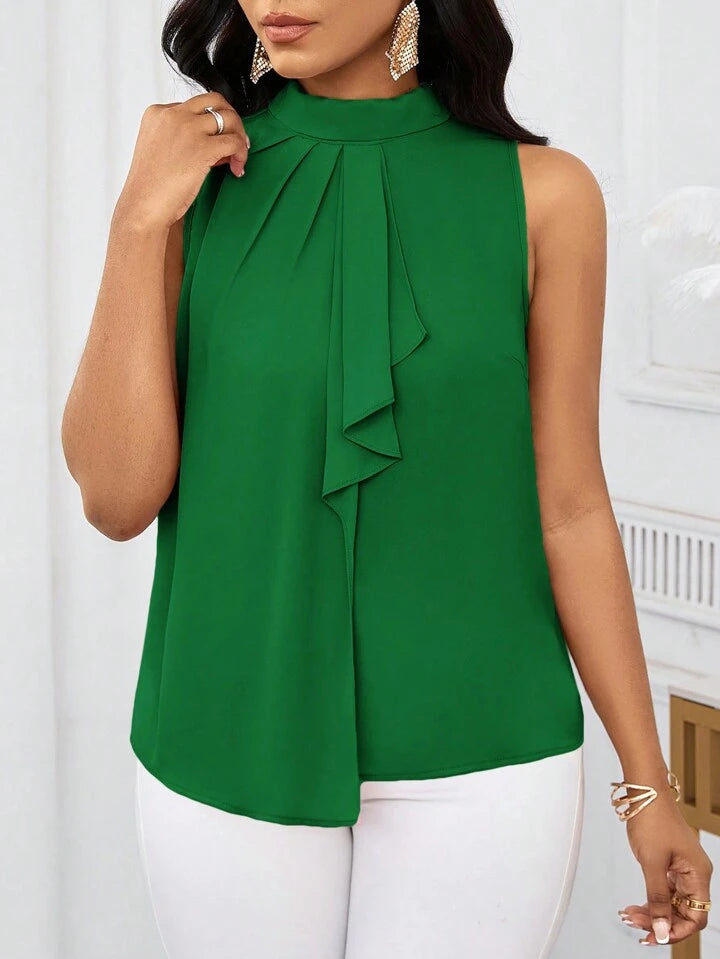 Ruffled collar open shoulder blouse in green