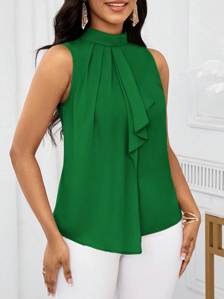Ruffled collar open shoulder blouse in green
