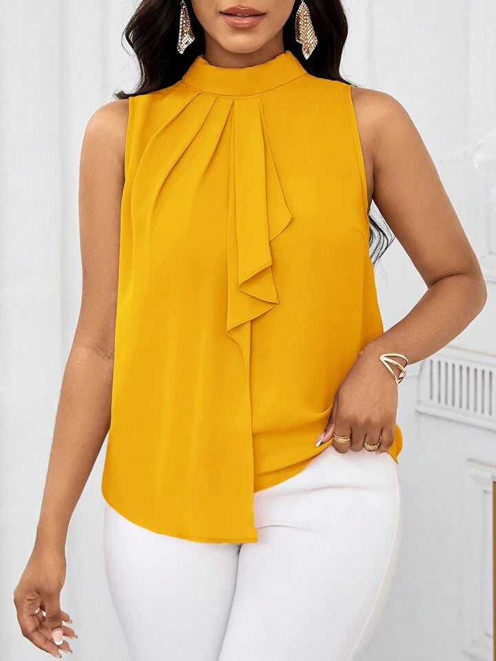Ruffled collar open shoulder blouse in yellow