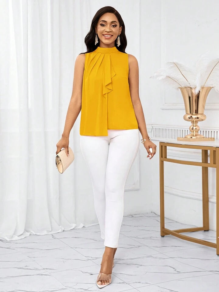 Ruffled collar open shoulder blouse in yellow