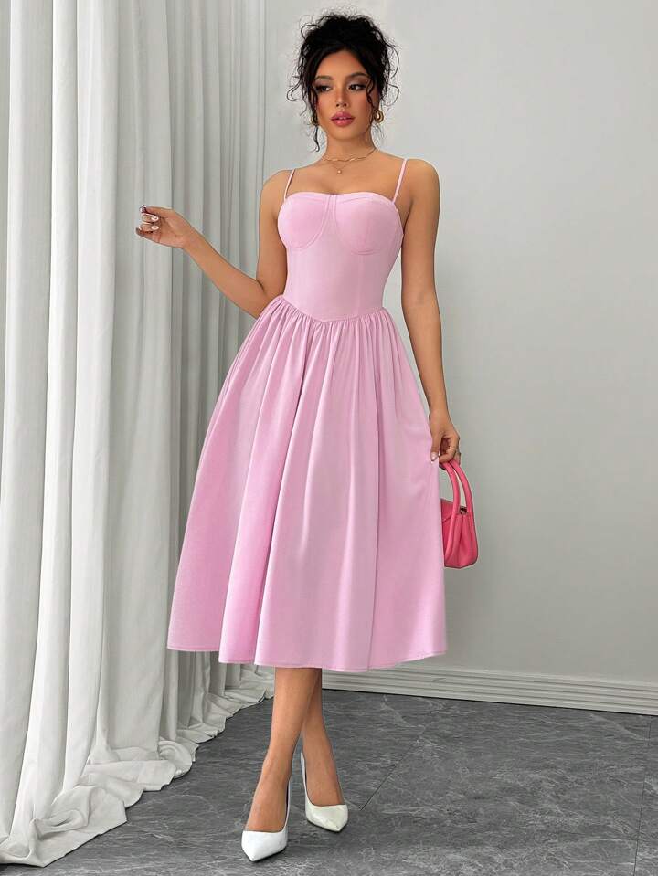 Ruffle hem spaghetti strap waist dress in pink
