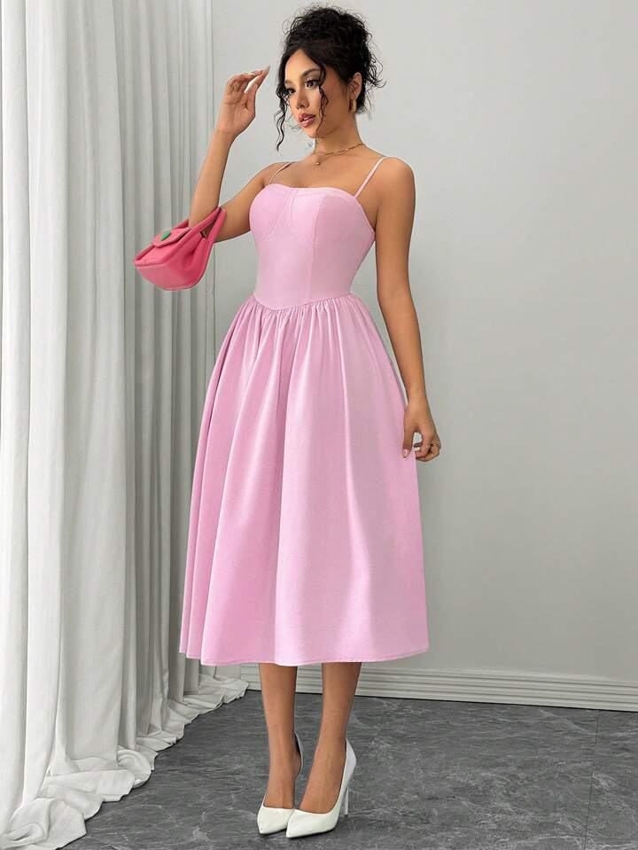 Ruffle hem spaghetti strap waist dress in pink