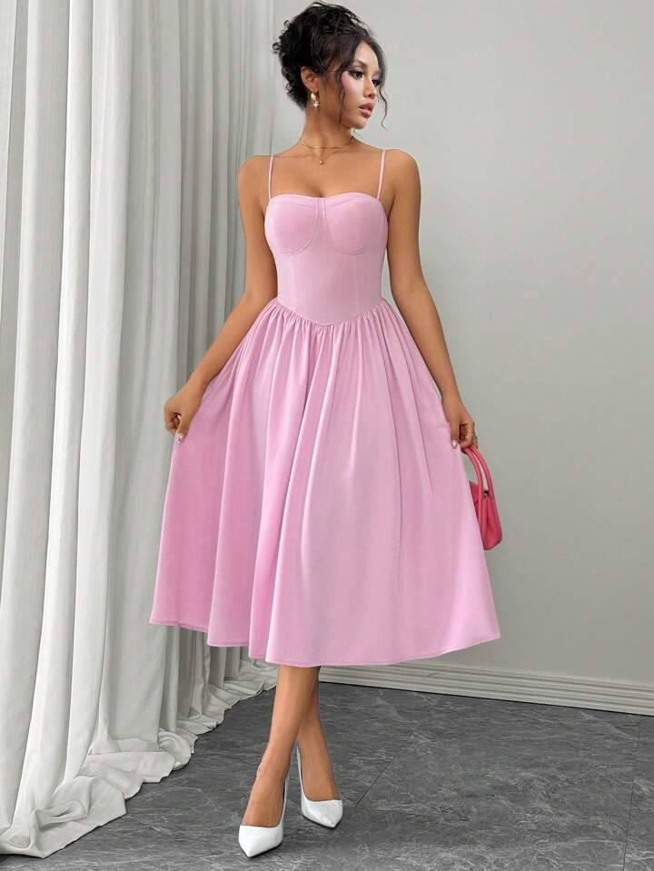 Ruffle hem spaghetti strap waist dress in pink