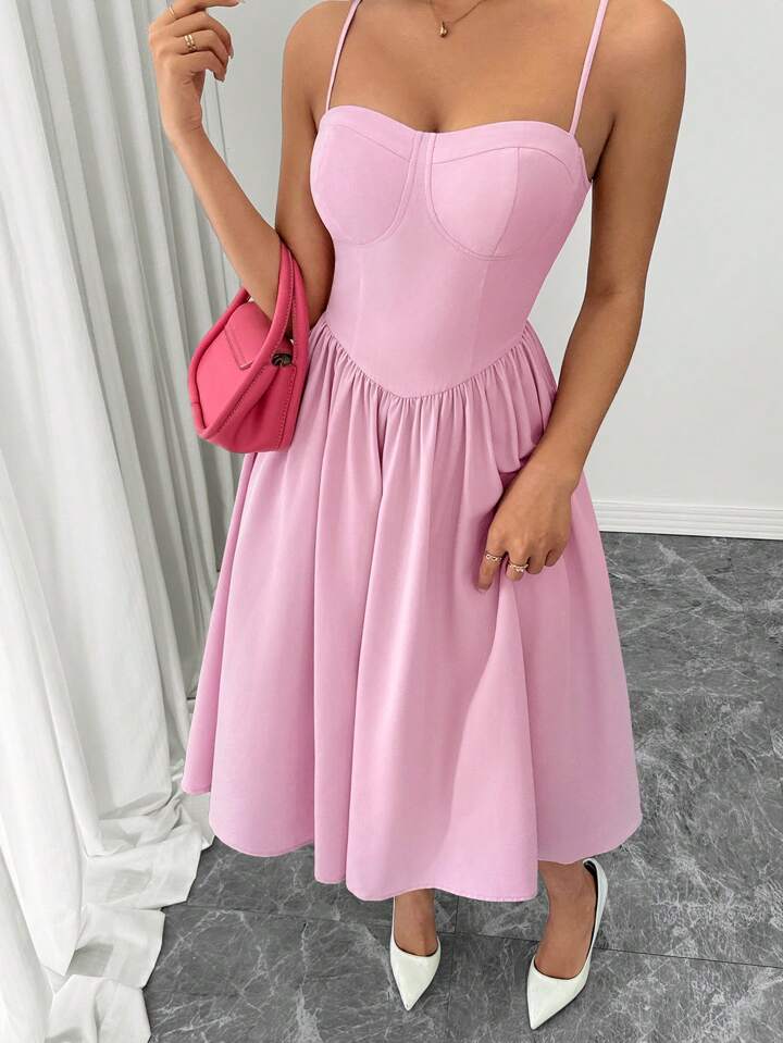 Ruffle hem spaghetti strap waist dress in pink