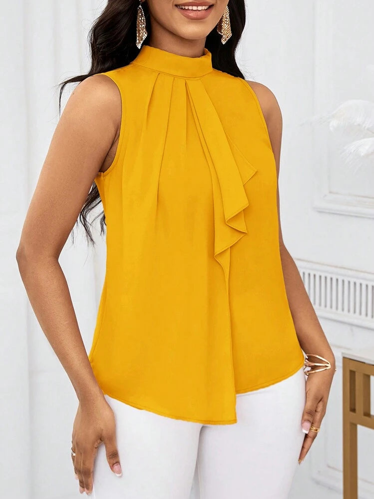 Ruffle open shoulder short sleeve blouse in yellow