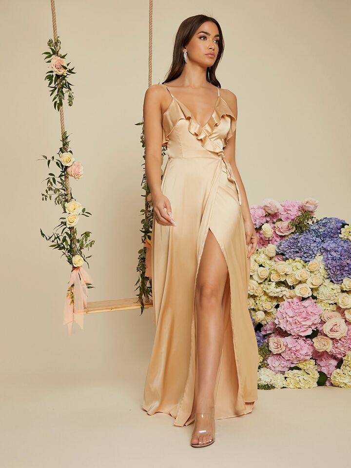 Ruffle trim tie side satin maxi in nude