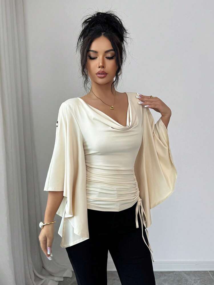Scoop neck drawstring decor top in nude