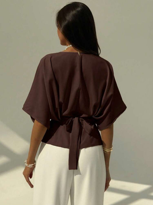 Short sleeve loose fitting blouse in mauve