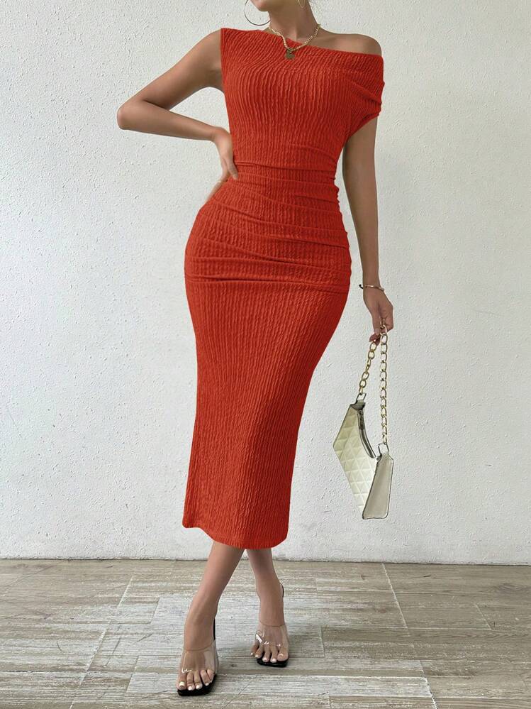 Sleeveless asmmetrical collar pleated dress in orange