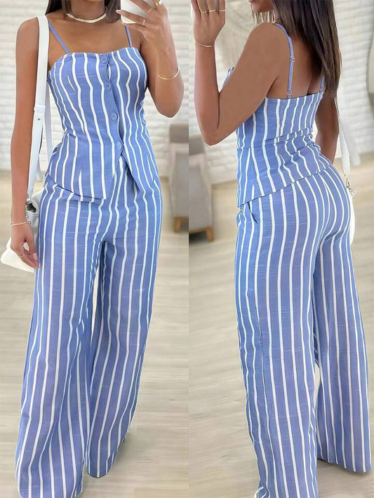 Sleeveless button down vest and straight leg pants in blue