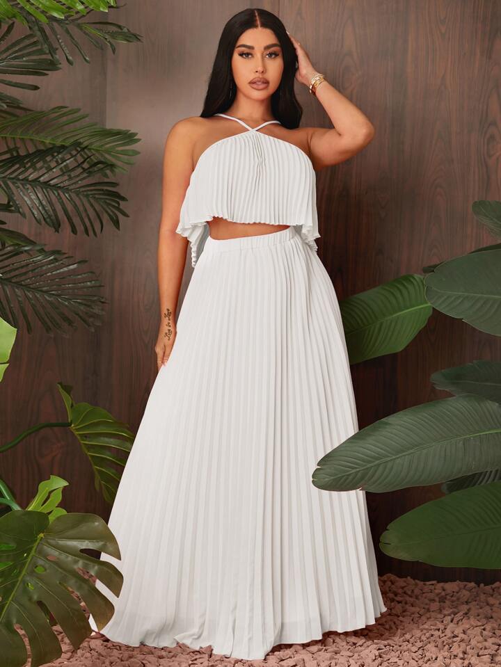 Sold pleated halter top & maxi skirt in white