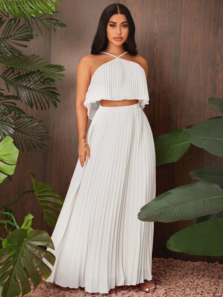 Sold pleated halter top & maxi skirt in white