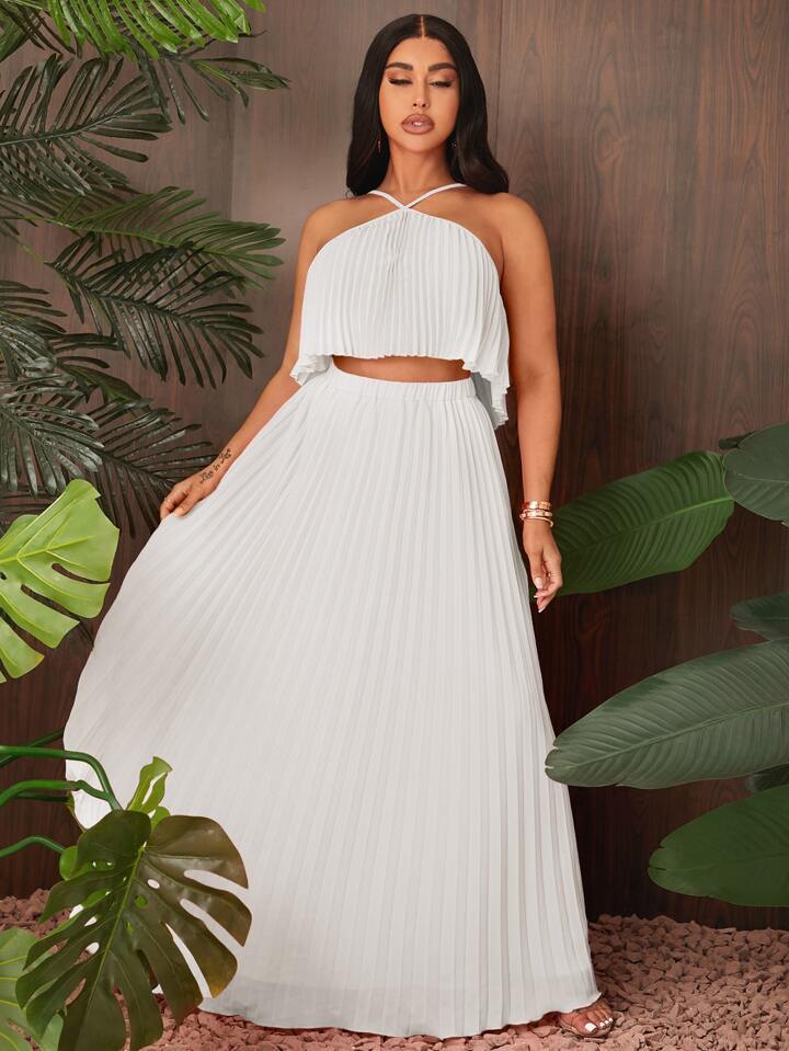 Sold pleated halter top & maxi skirt in white