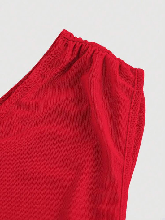 Solid asymmetrical neck dress in red