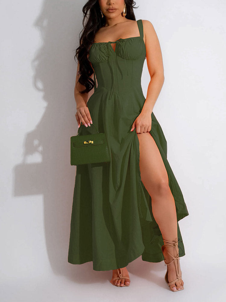 Solid backless strap maxi dress in dark green