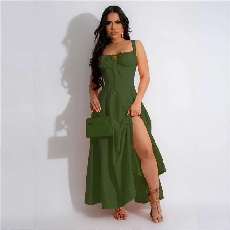 Solid backless strap maxi dress in dark green