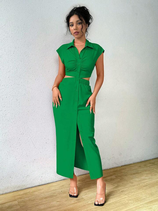 Solid color front button cut out midi dress in green