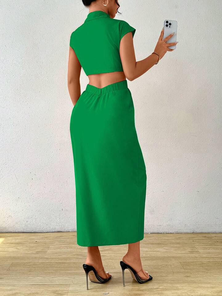 Solid color front button cut out midi dress in green