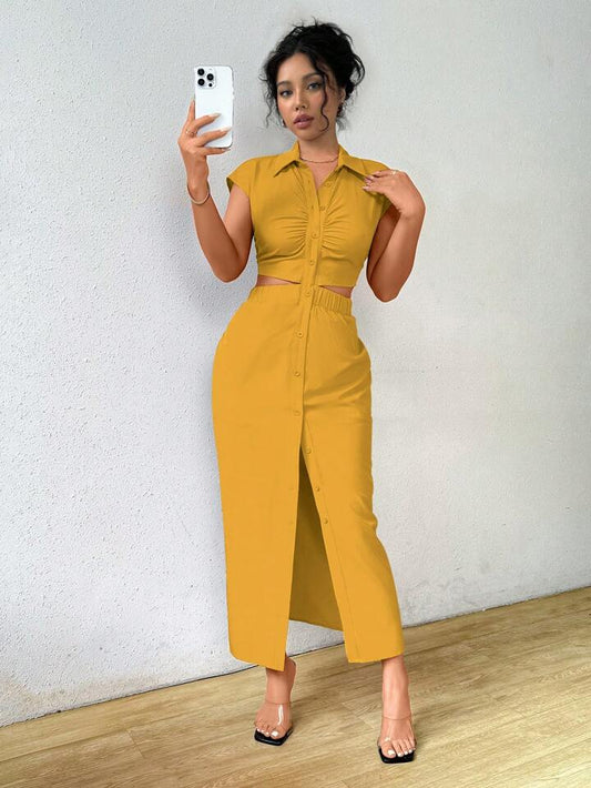 Solid color front button cut out midi dress in yellow