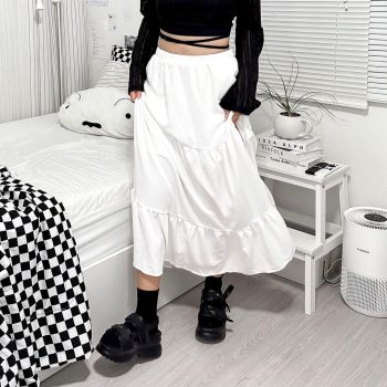 Solid elastic waist ruffle hem tiered hem midi skirt in white