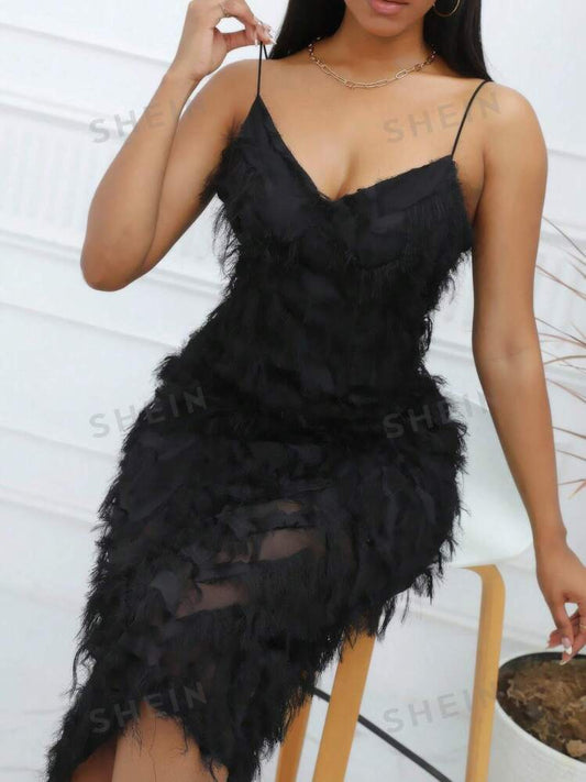 Solid fuzzy cami dress in black