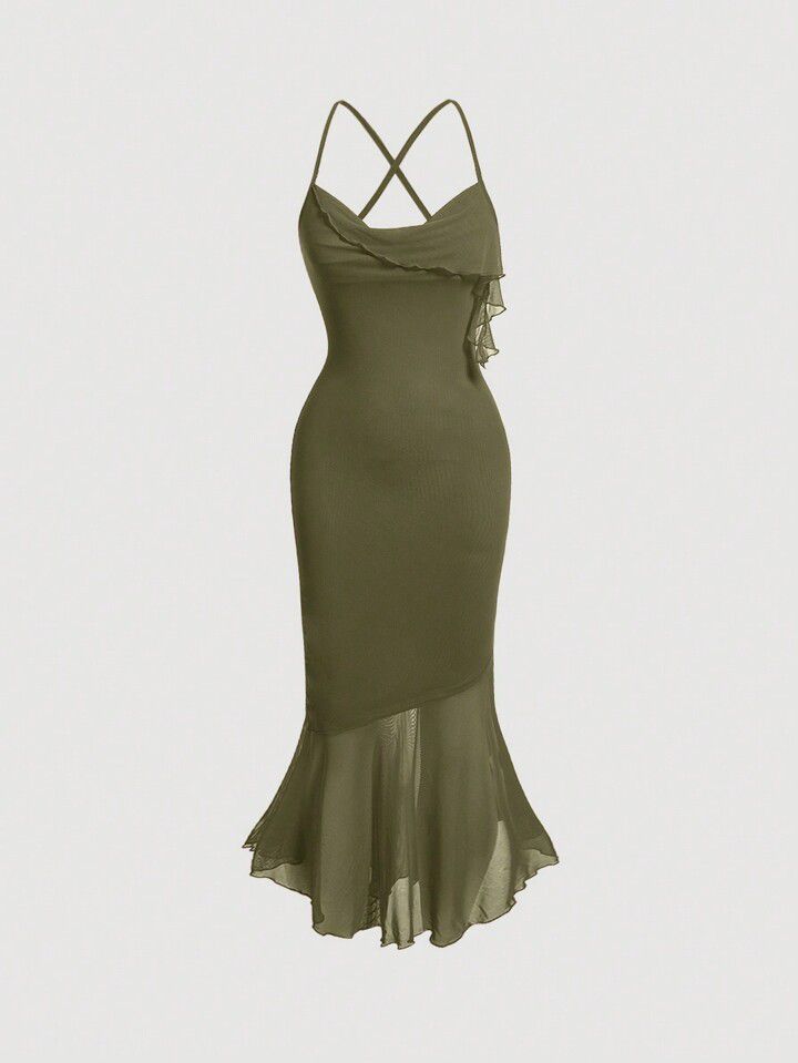 Solid lettuce trim mermaid hem cami dress in army green