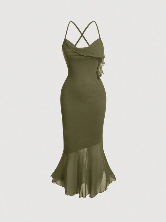 Solid lettuce trim mermaid hem cami dress in army green