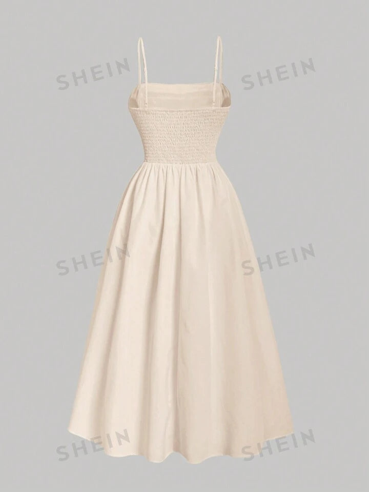 Solid ruched slim fitting gathered waist cami dress in nude