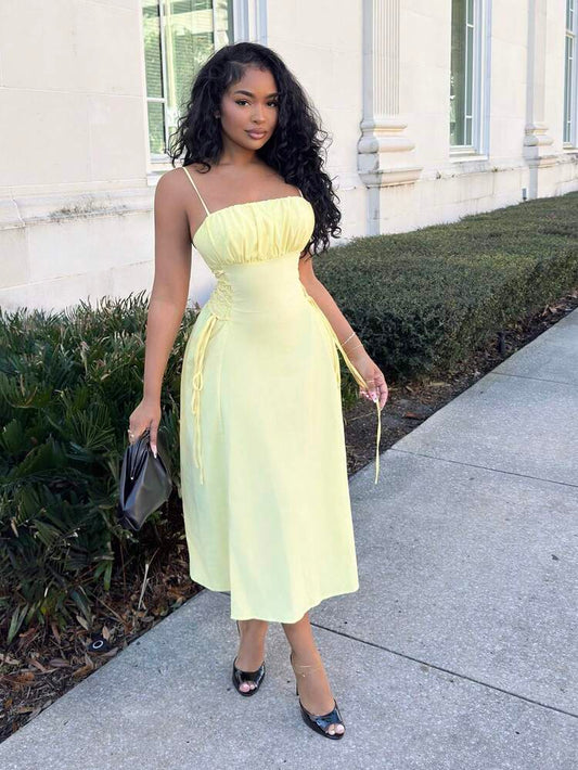 Spaghetti strap ruched waist dress in yellow