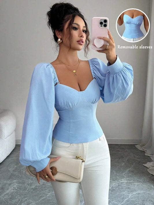 Square neck ruched puff sleeve detachable top in blue