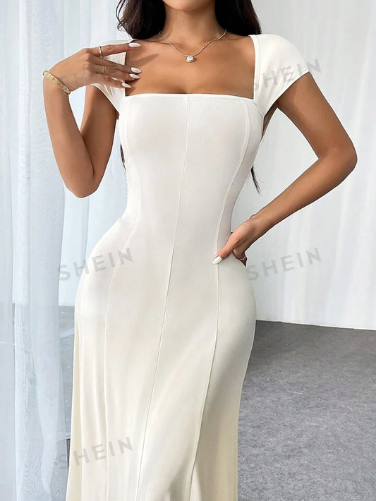 Square neck short sleeve solid color long dress in nude