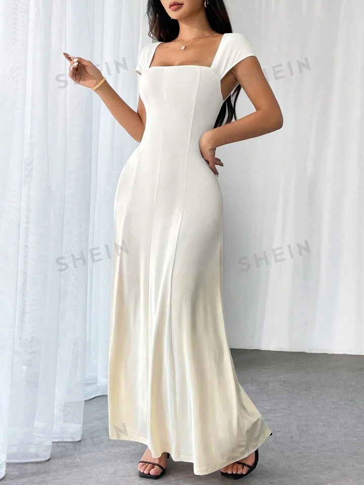 Square neck short sleeve solid color long dress in nude