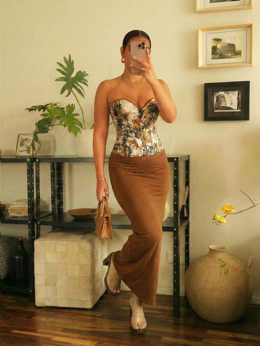 Strapless lace-up top & high slit thigh maxi skirt in brown